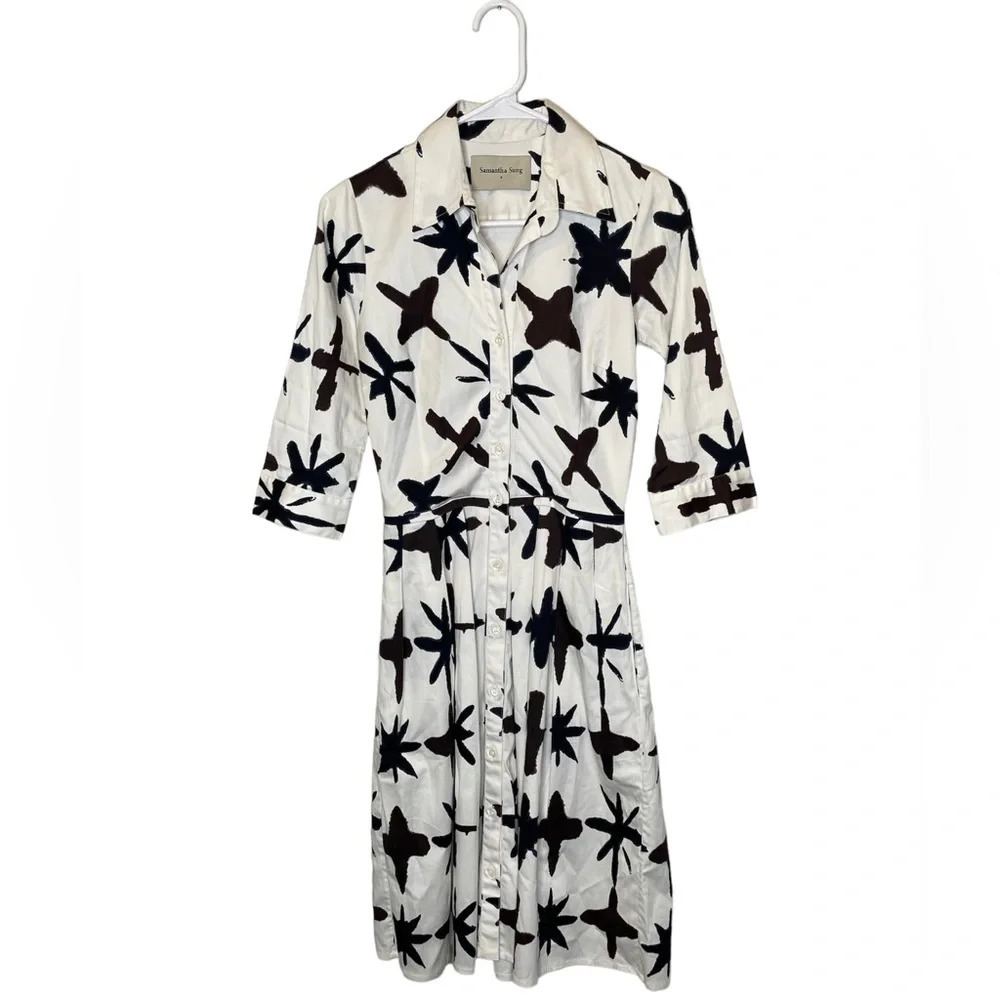 Samantha Sung Audrey Shirtdress White/Navy/Brown Print Stretch Cotton Size 0